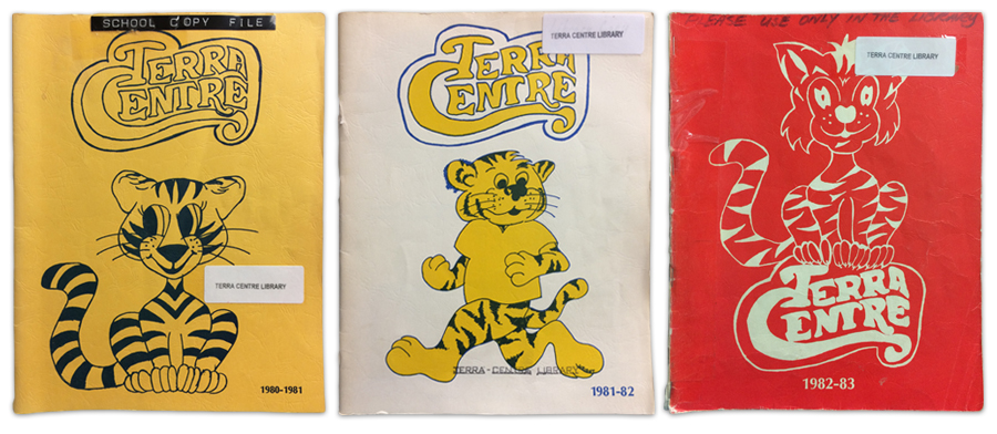 Terra Centre Elementary yearbook covers from 1980-81, 1981-82, and 1982-83. Each cover features a drawing of our school mascot. 