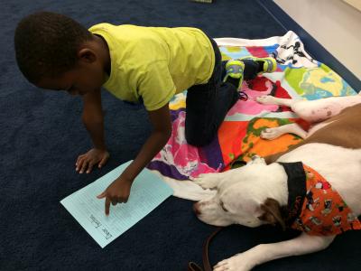 picture of student reading to dog